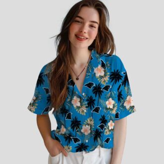 Carolina Panthers Flower Blue Hawaiian Shirt, Palm Tree Summer Beach Button Up