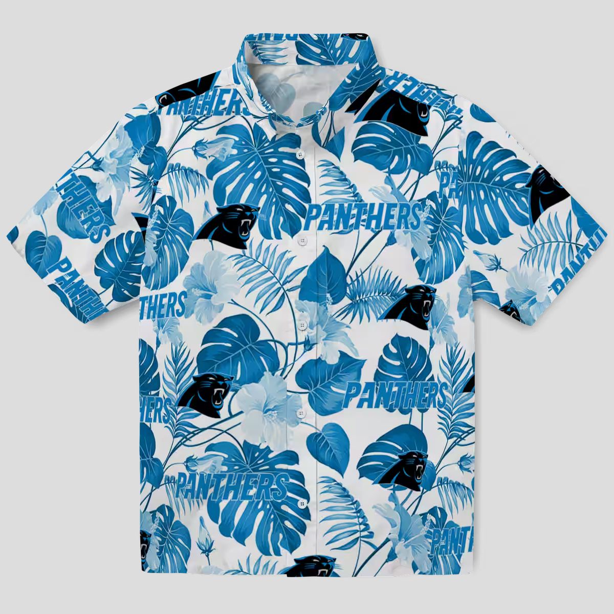 Carolina Panthers Luau Aloha Shirt - Blue & White Tropical Plants Button Up