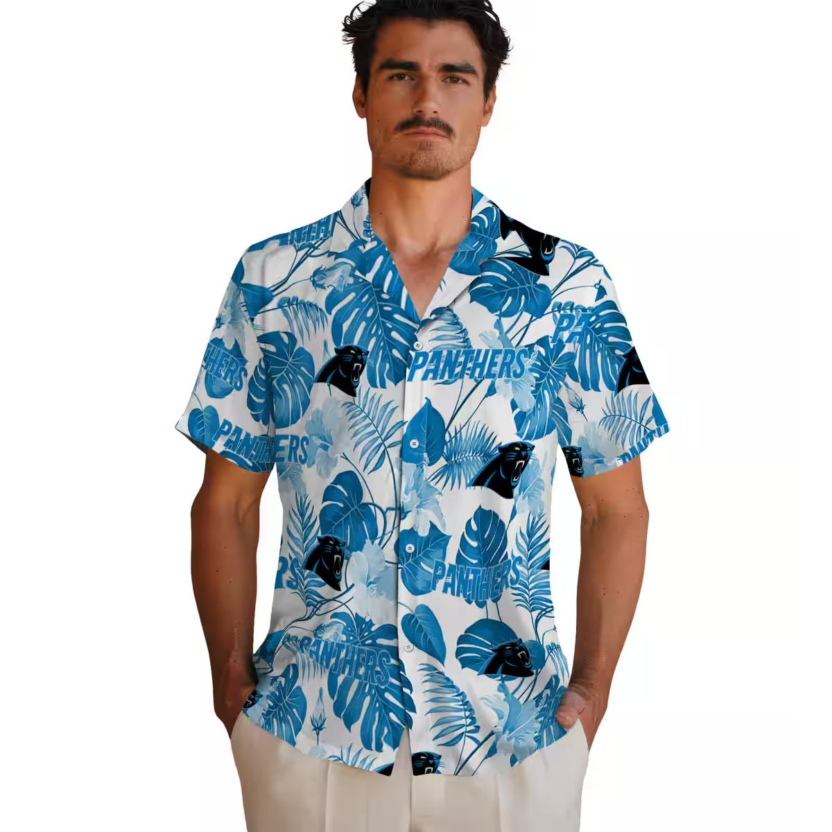 Carolina Panthers Luau Aloha Shirt - Blue & White Tropical Plants Button Up