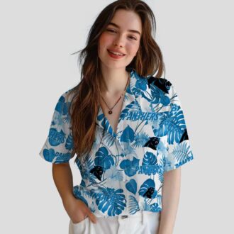 Carolina Panthers Luau Aloha Shirt - Blue & White Tropical Plants Button Up