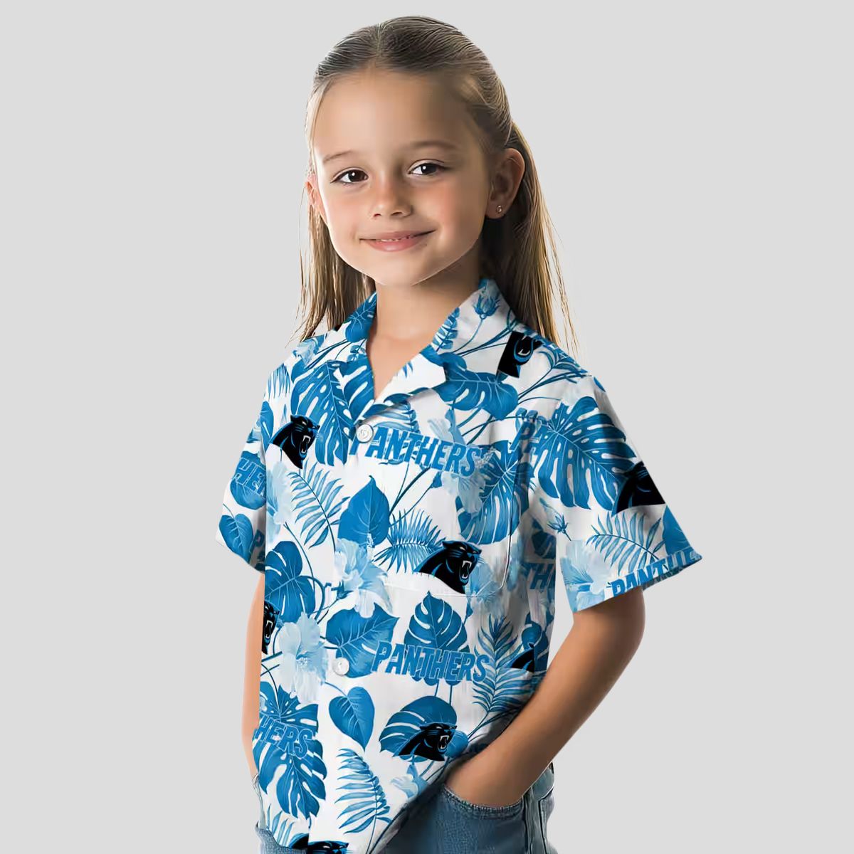 Carolina Panthers Luau Aloha Shirt - Blue & White Tropical Plants Button Up
