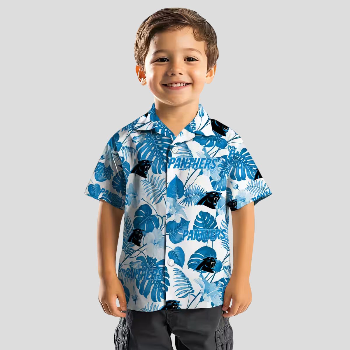 Carolina Panthers Luau Aloha Shirt - Blue & White Tropical Plants Button Up