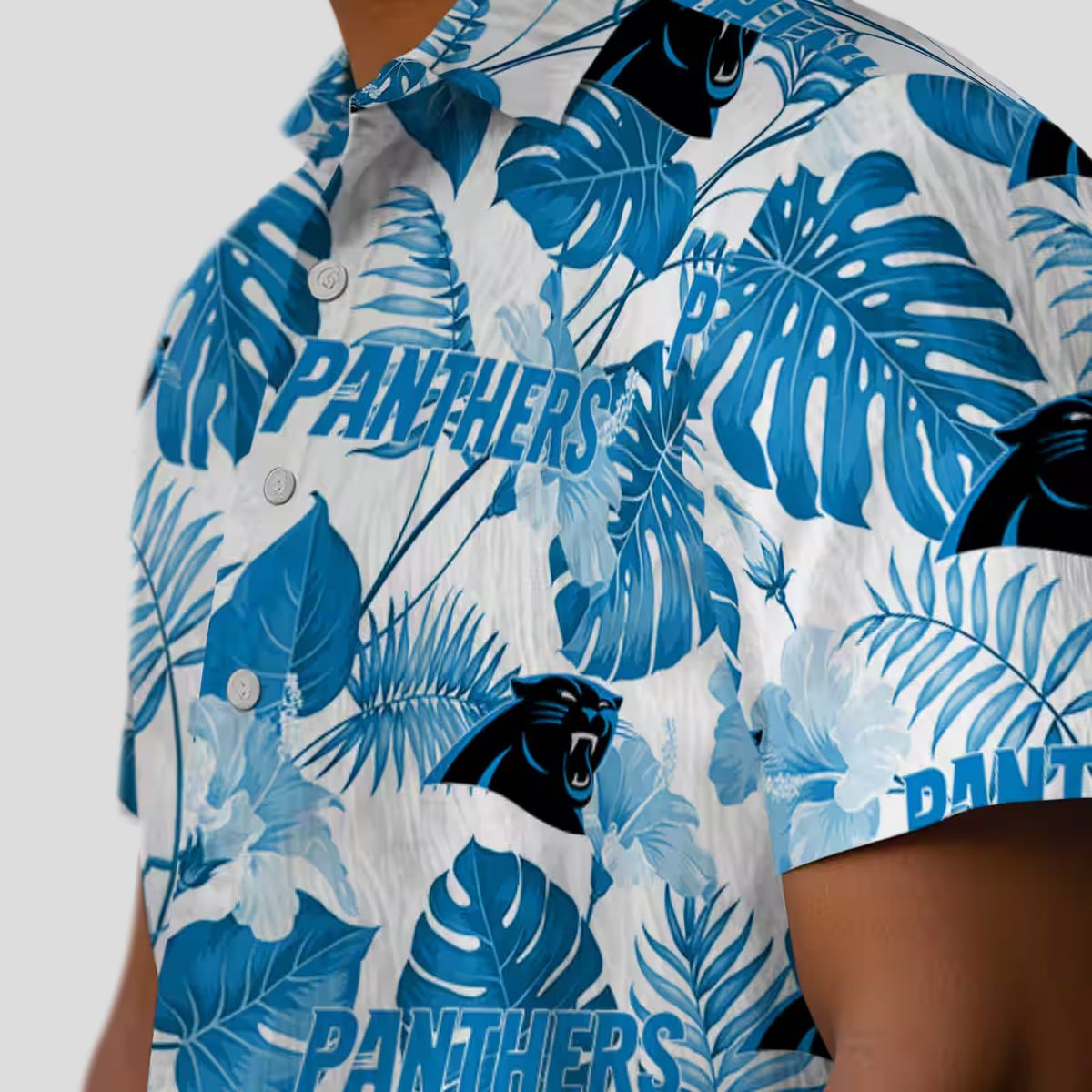 Carolina Panthers Luau Aloha Shirt - Blue & White Tropical Plants Button Up