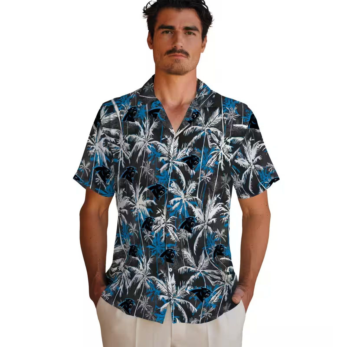 Carolina Panthers Palm Pattern Hawaiian Shirt – Blue & Black Tropical Button Up