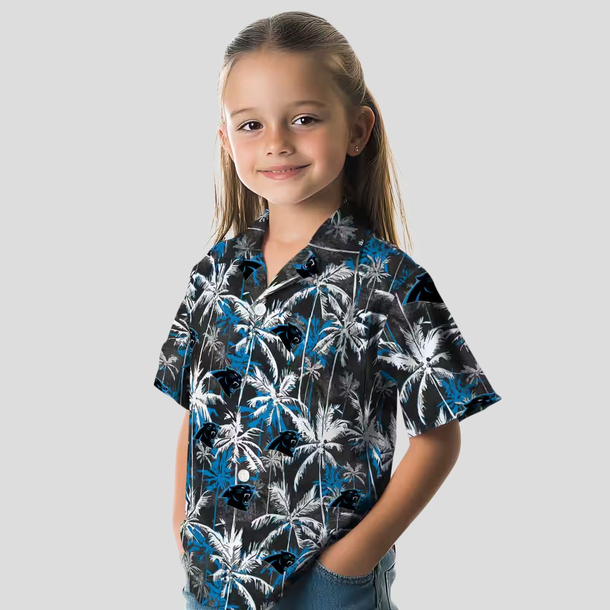 Carolina Panthers Palm Pattern Hawaiian Shirt – Blue & Black Tropical Button Up