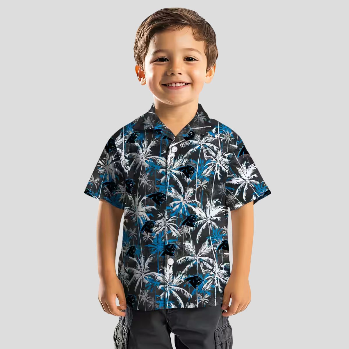 Carolina Panthers Palm Pattern Hawaiian Shirt – Blue & Black Tropical Button Up