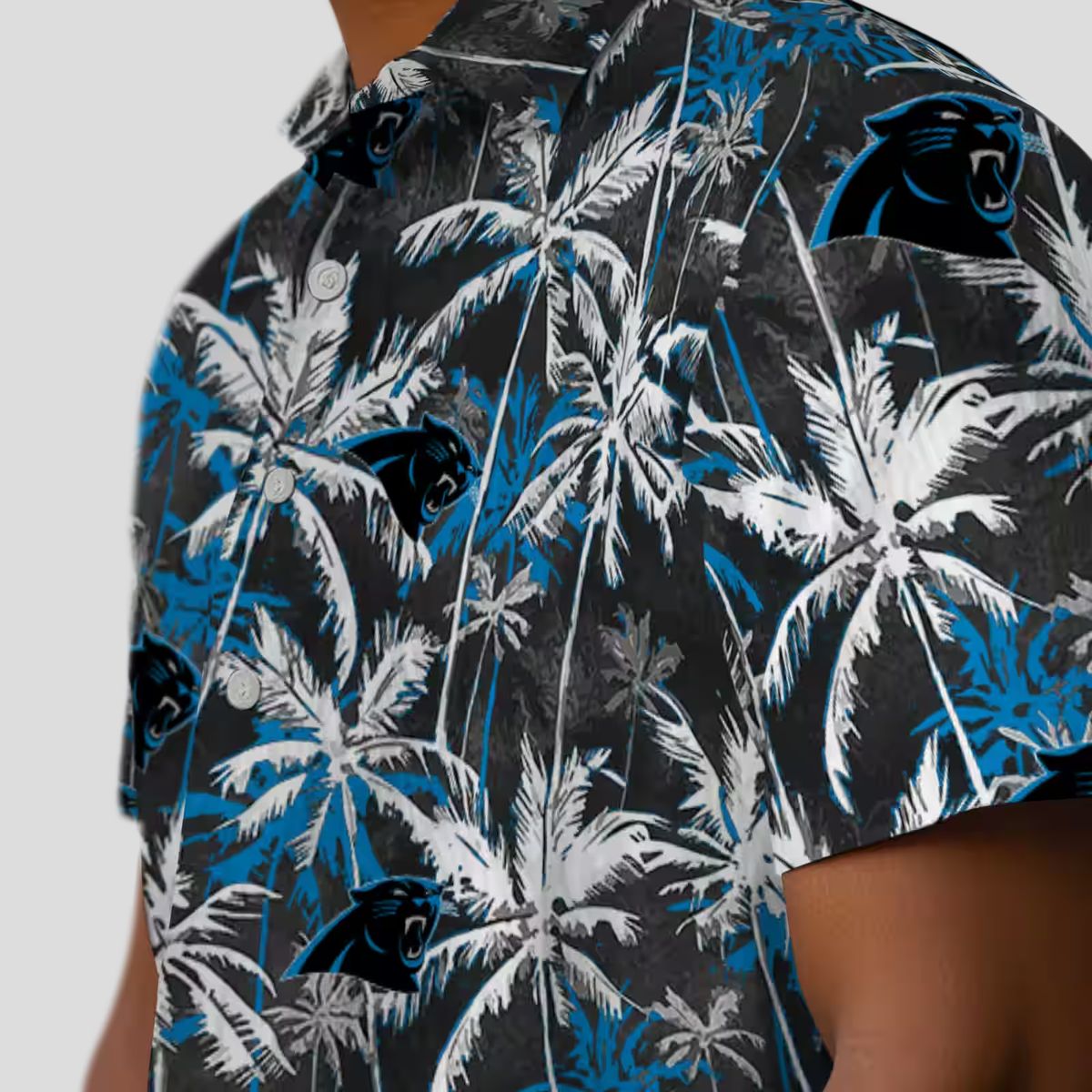 Carolina Panthers Palm Pattern Hawaiian Shirt – Blue & Black Tropical Button Up