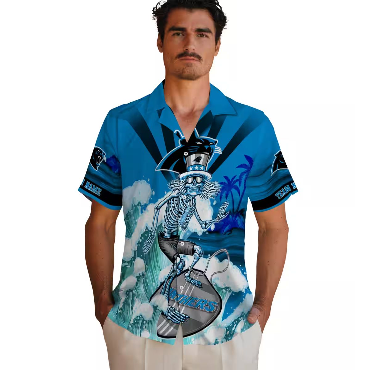 Carolina Panthers Surfing Skeleton Hawaiian Shirt – Custom Tropical Beach Shirt