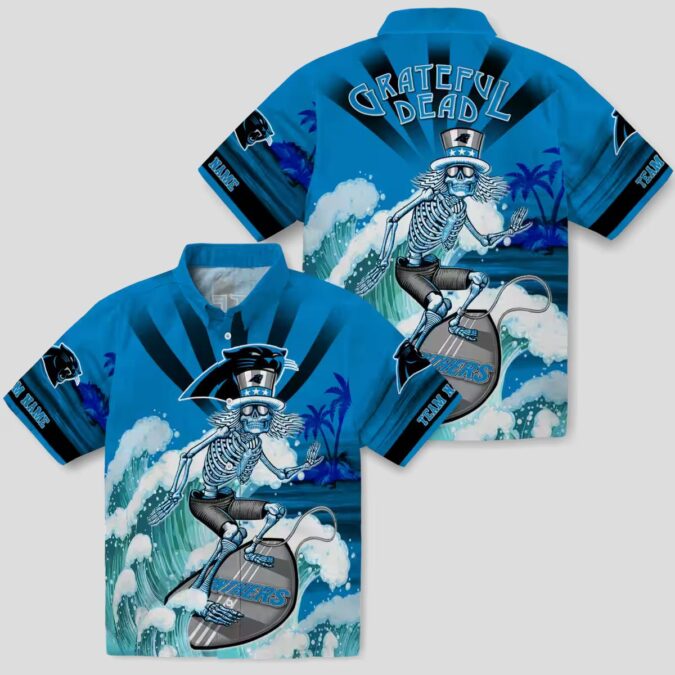 Carolina Panthers Surfing Skeleton Hawaiian Shirt – Custom Tropical Beach Shirt