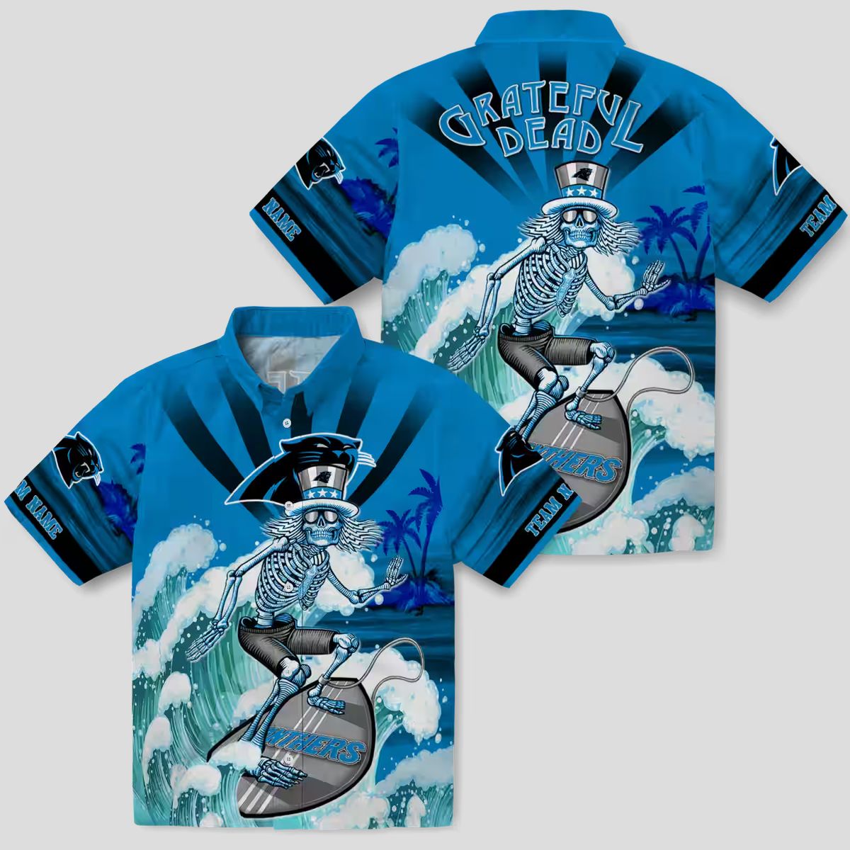 Carolina Panthers Surfing Skeleton Hawaiian Shirt – Custom Tropical Beach Shirt