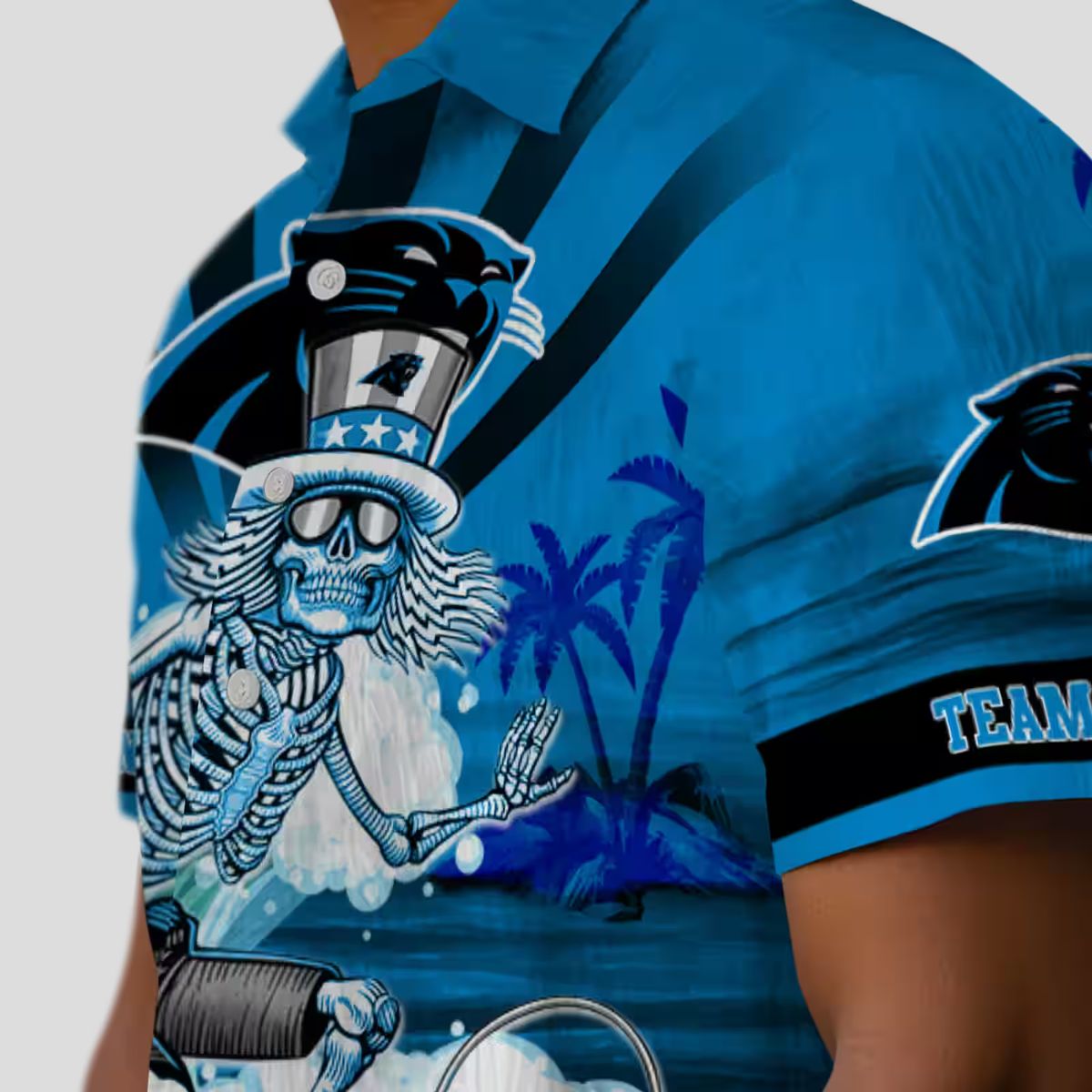 Carolina Panthers Surfing Skeleton Hawaiian Shirt – Custom Tropical Beach Shirt