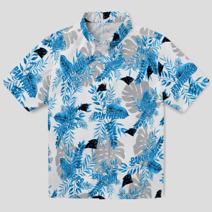 NFL Carolina Panthers Aloha Shirt – Blue White Tropical Leaves Button Up
