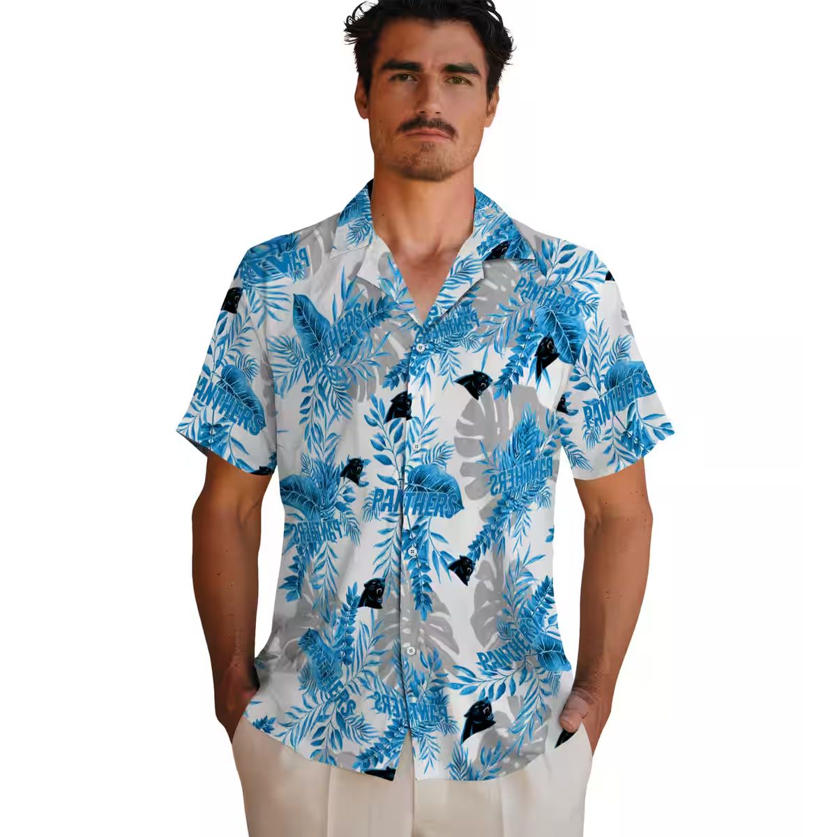 NFL Carolina Panthers Aloha Shirt – Blue White Tropical Leaves Button Up