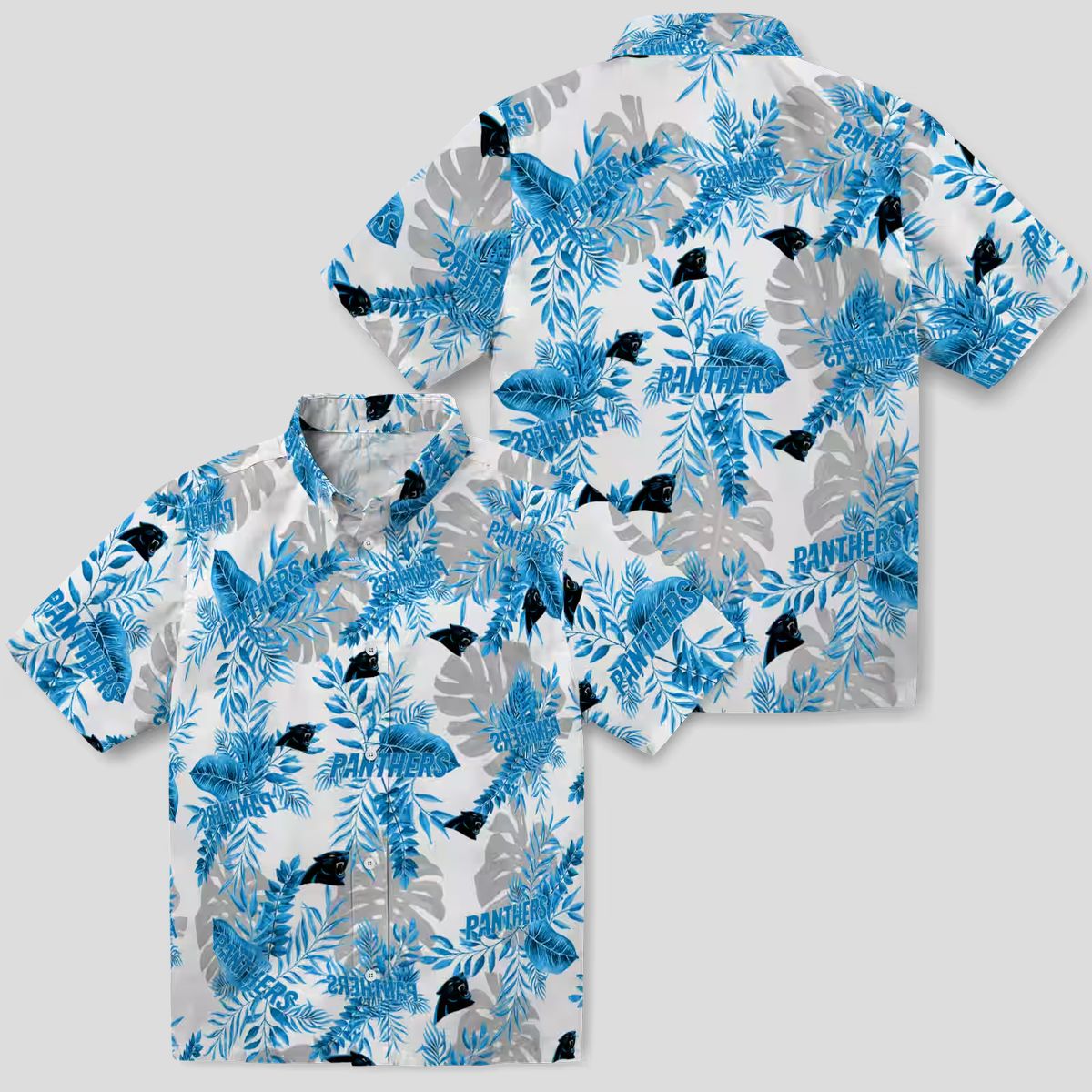 NFL Carolina Panthers Aloha Shirt – Blue White Tropical Leaves Button Up