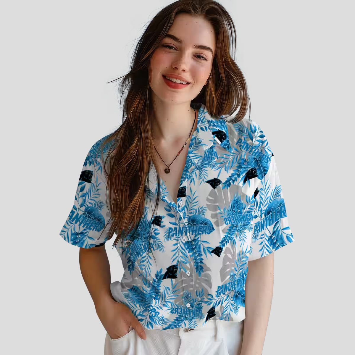 NFL Carolina Panthers Aloha Shirt – Blue White Tropical Leaves Button Up