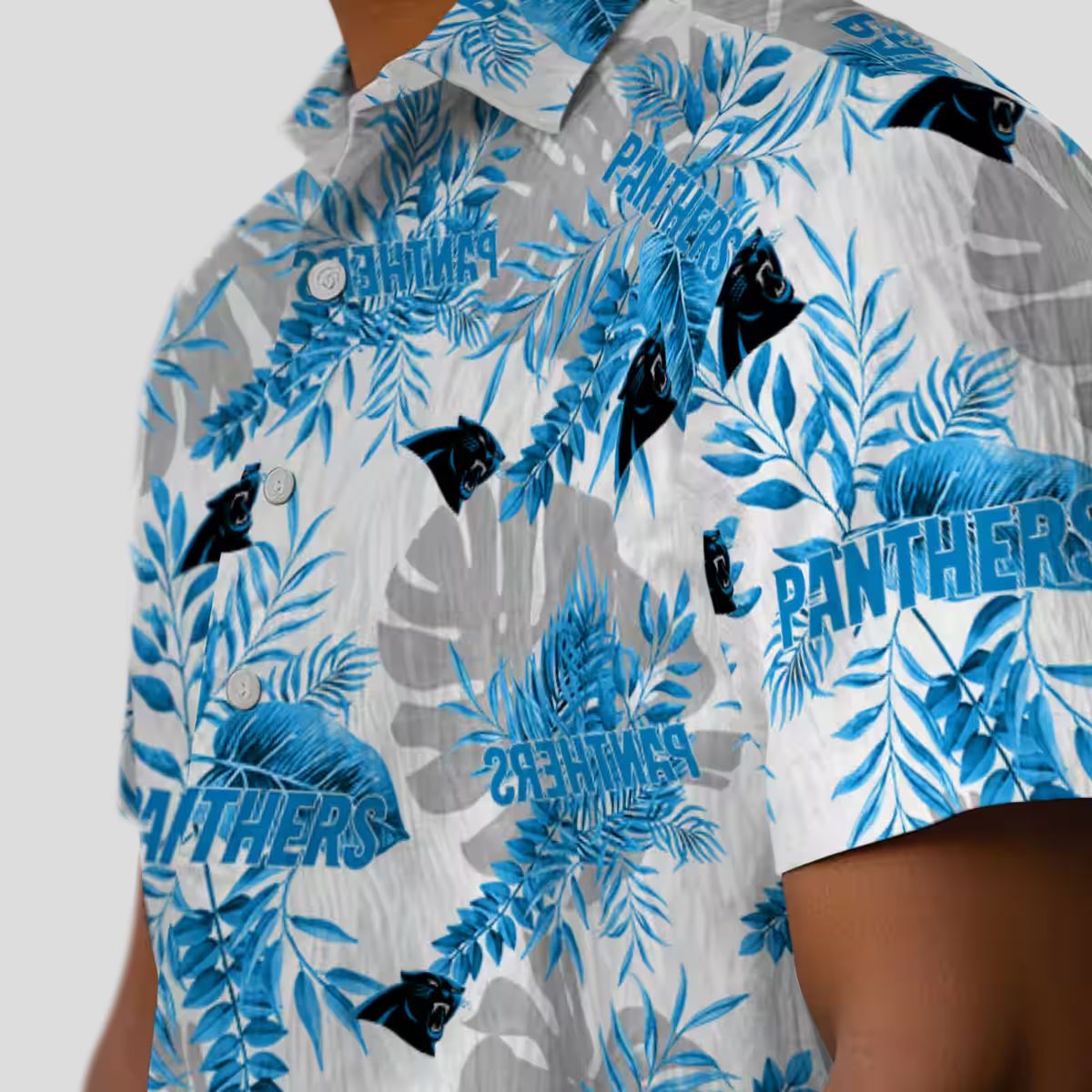 NFL Carolina Panthers Aloha Shirt – Blue White Tropical Leaves Button Up