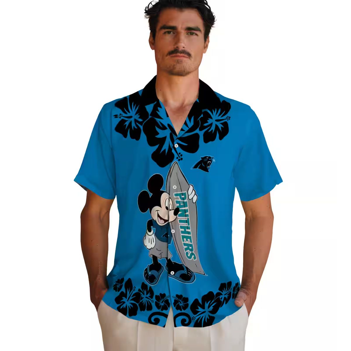 NFL Carolina Panthers Aloha Summer Shirt - Surfing Mickey Blue Hawaiian Vacation Shirt