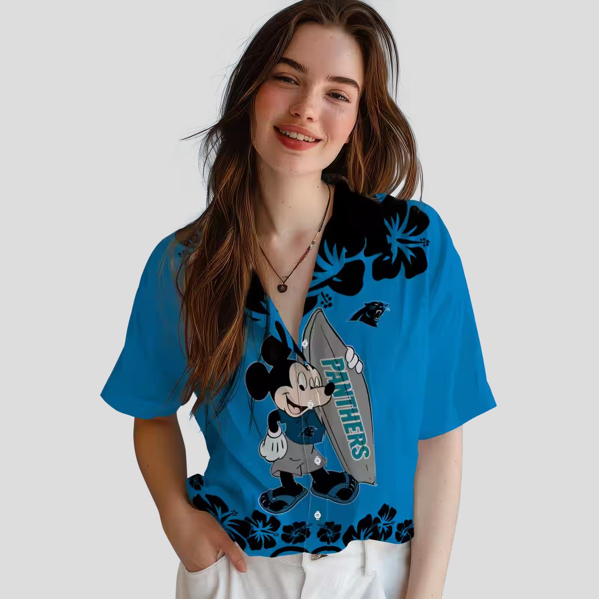NFL Carolina Panthers Aloha Summer Shirt - Surfing Mickey Blue Hawaiian Vacation Shirt