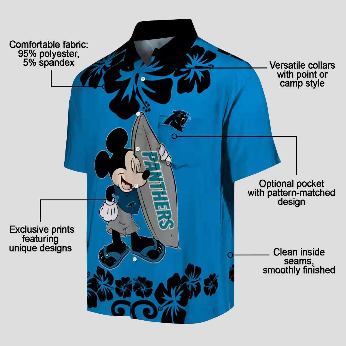 NFL Carolina Panthers Aloha Summer Shirt - Surfing Mickey Blue Hawaiian Vacation Shirt
