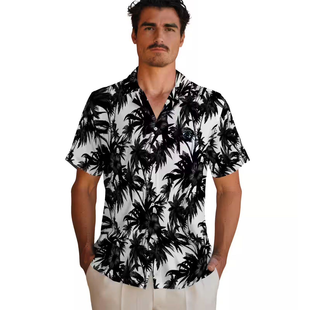 NFL Carolina Panthers Black & White Hawaiian Shirt, Palm Motifs Print Summer Wear