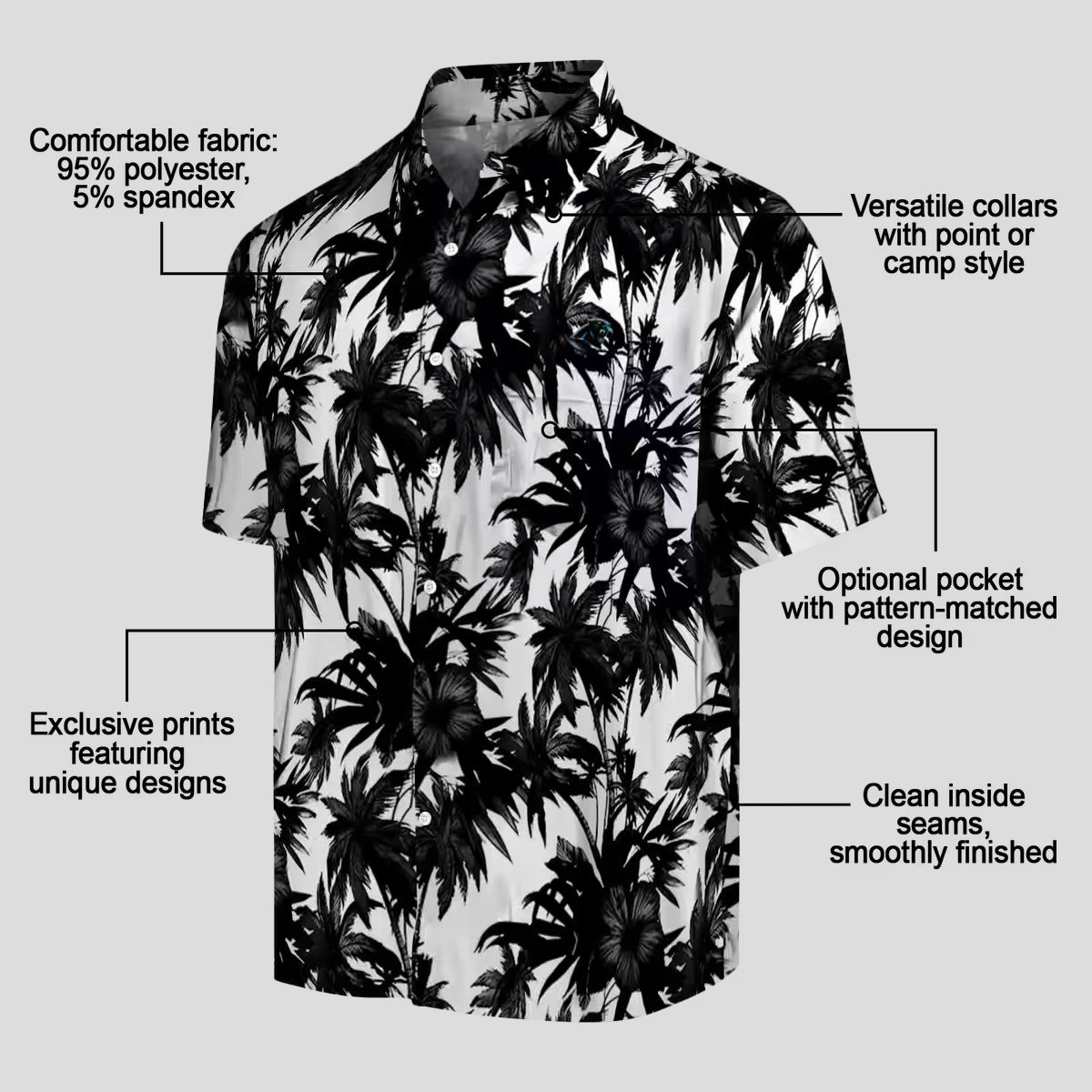 NFL Carolina Panthers Black & White Hawaiian Shirt, Palm Motifs Print Summer Wear
