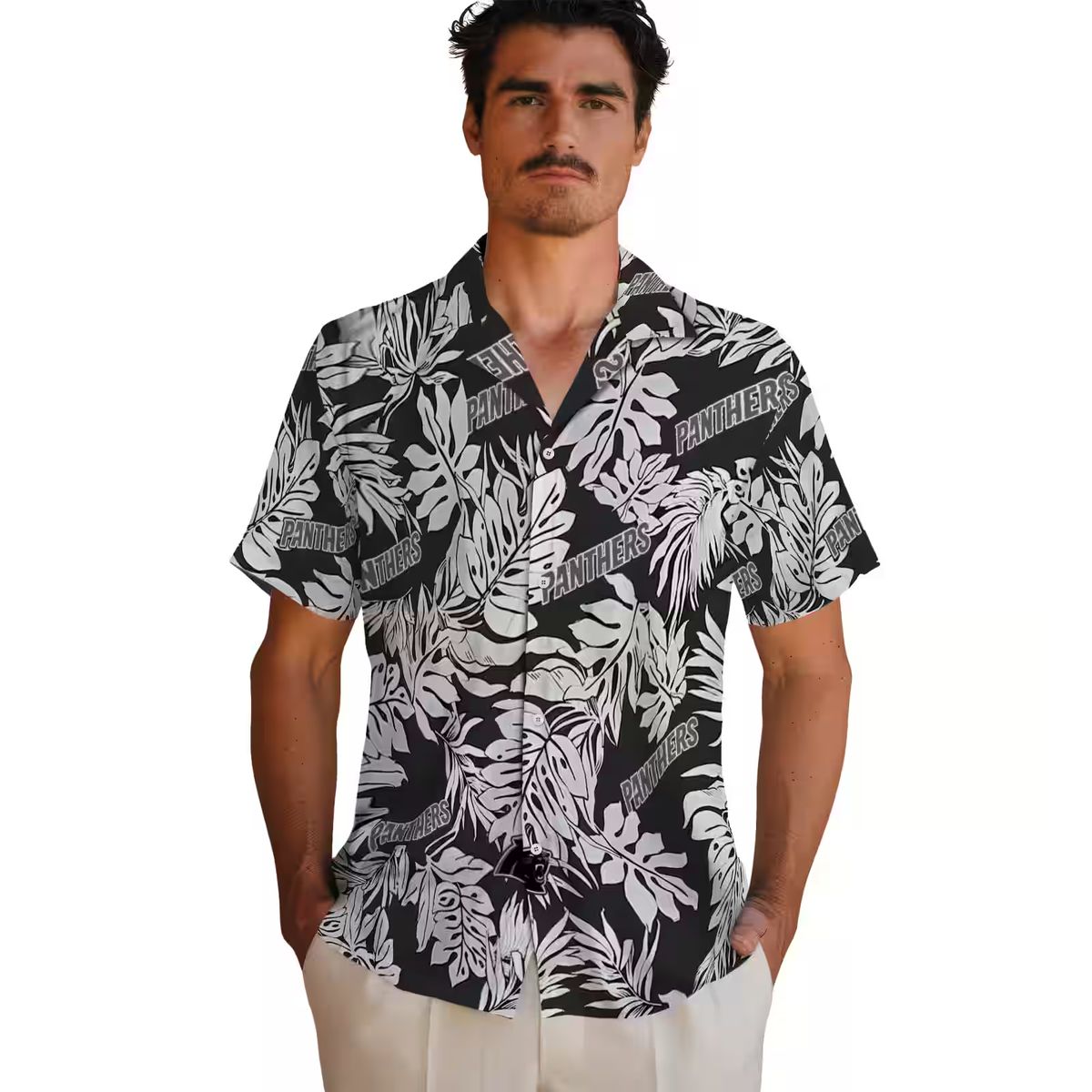 NFL Carolina Panthers Floral Hawaiian Shirt – Black Monstera Leaf Summer Vacation Shirt