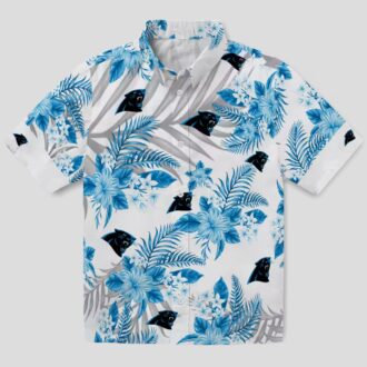 NFL Carolina Panthers Hawaiian Shirt – Blue & White Hibiscus Palm Leaves Design