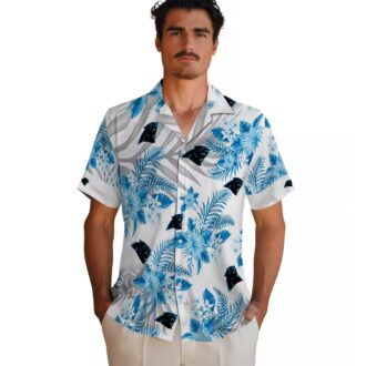 NFL Carolina Panthers Hawaiian Shirt – Blue & White Hibiscus Palm Leaves Design