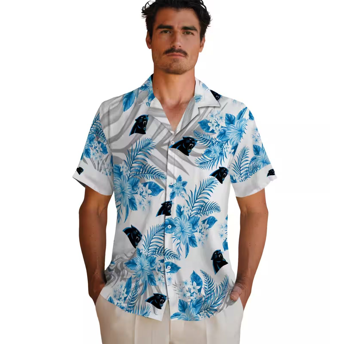 NFL Carolina Panthers Hawaiian Shirt – Blue & White Hibiscus Palm Leaves Design