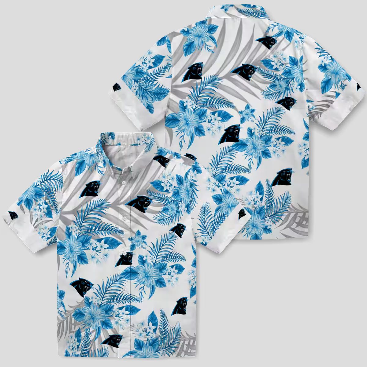 NFL Carolina Panthers Hawaiian Shirt – Blue & White Hibiscus Palm Leaves Design