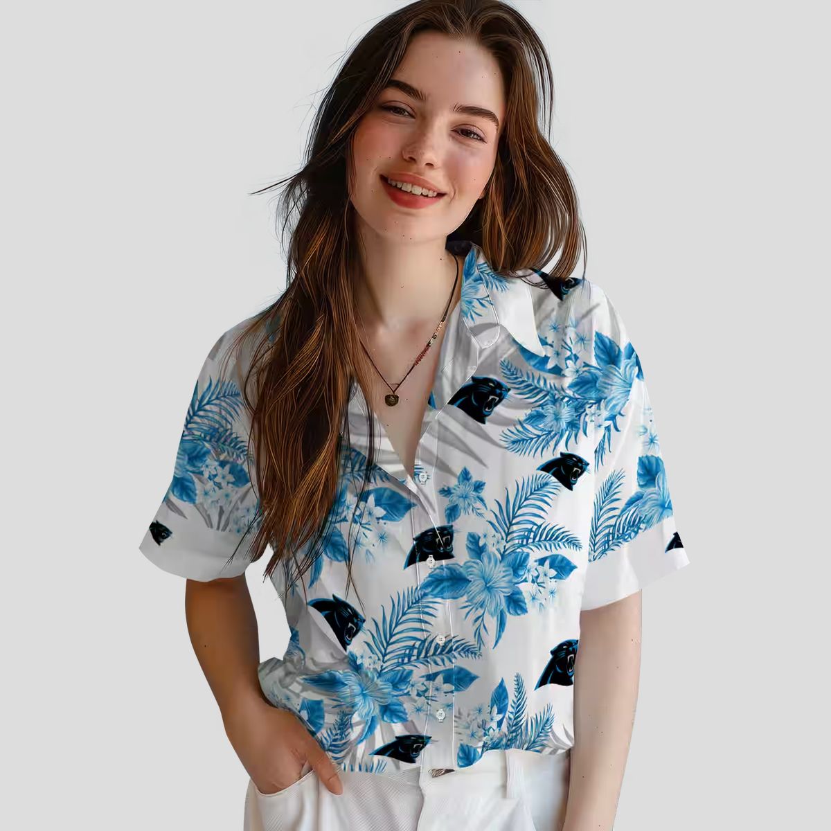 NFL Carolina Panthers Hawaiian Shirt – Blue & White Hibiscus Palm Leaves Design