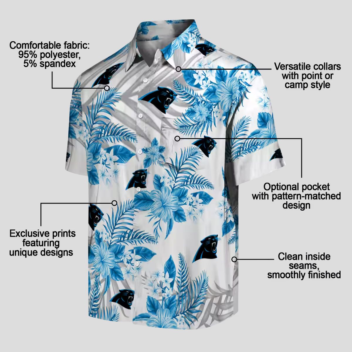 NFL Carolina Panthers Hawaiian Shirt – Blue & White Hibiscus Palm Leaves Design
