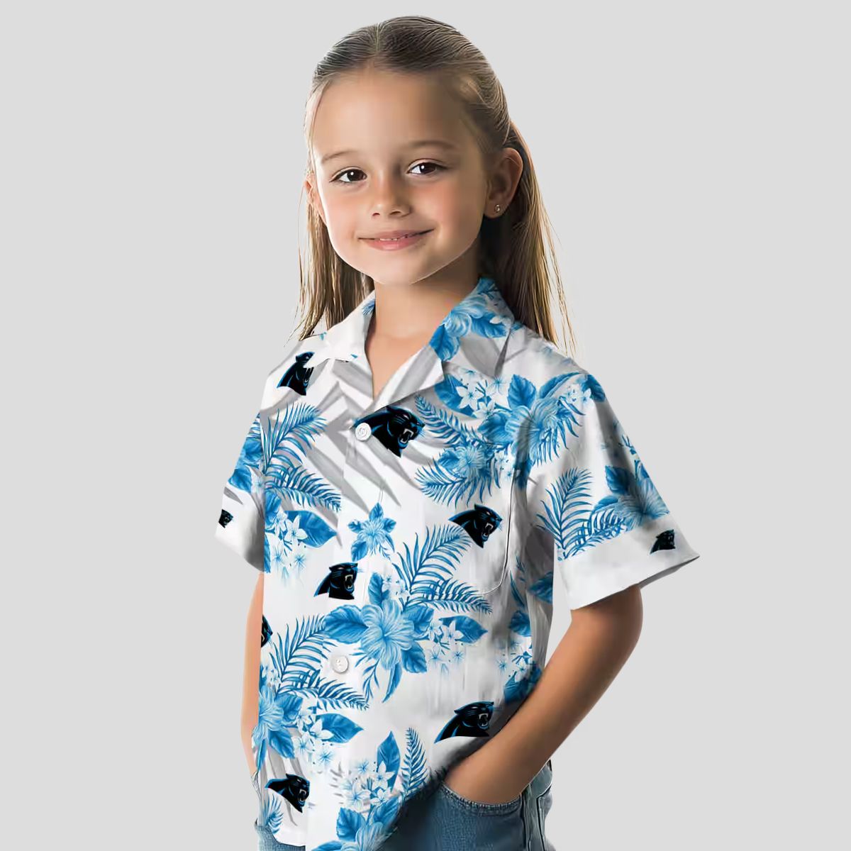 NFL Carolina Panthers Hawaiian Shirt – Blue & White Hibiscus Palm Leaves Design