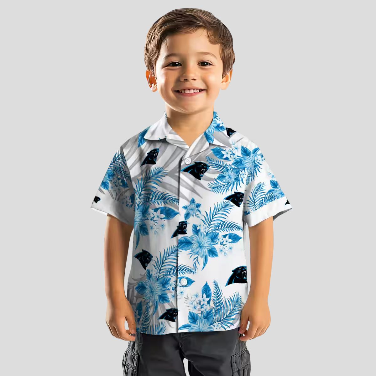 NFL Carolina Panthers Hawaiian Shirt – Blue & White Hibiscus Palm Leaves Design