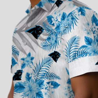 NFL Carolina Panthers Hawaiian Shirt – Blue & White Hibiscus Palm Leaves Design