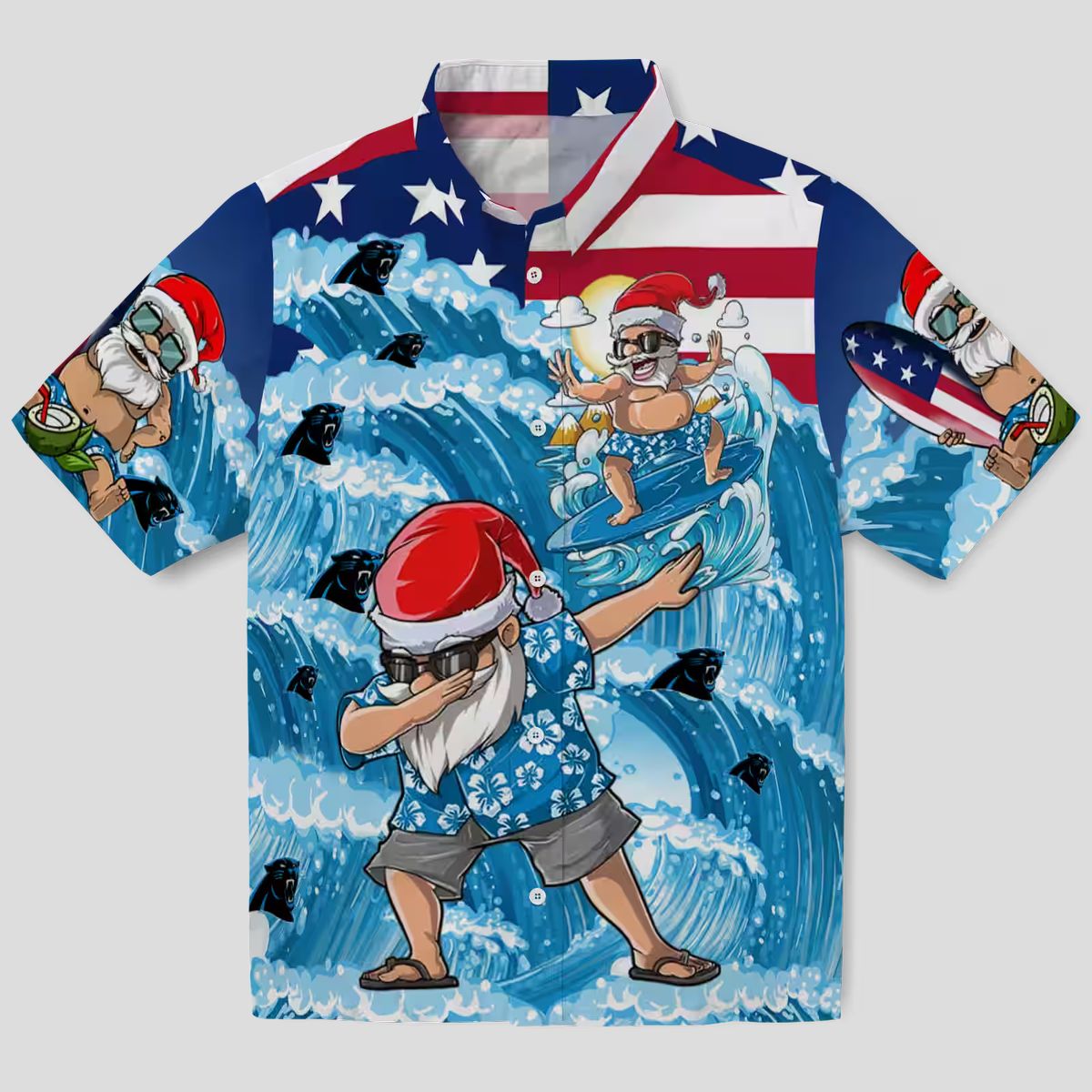 NFL Carolina Panthers Holiday Hawaiian Shirt – Surfing Santa Blue Aloha Shirt