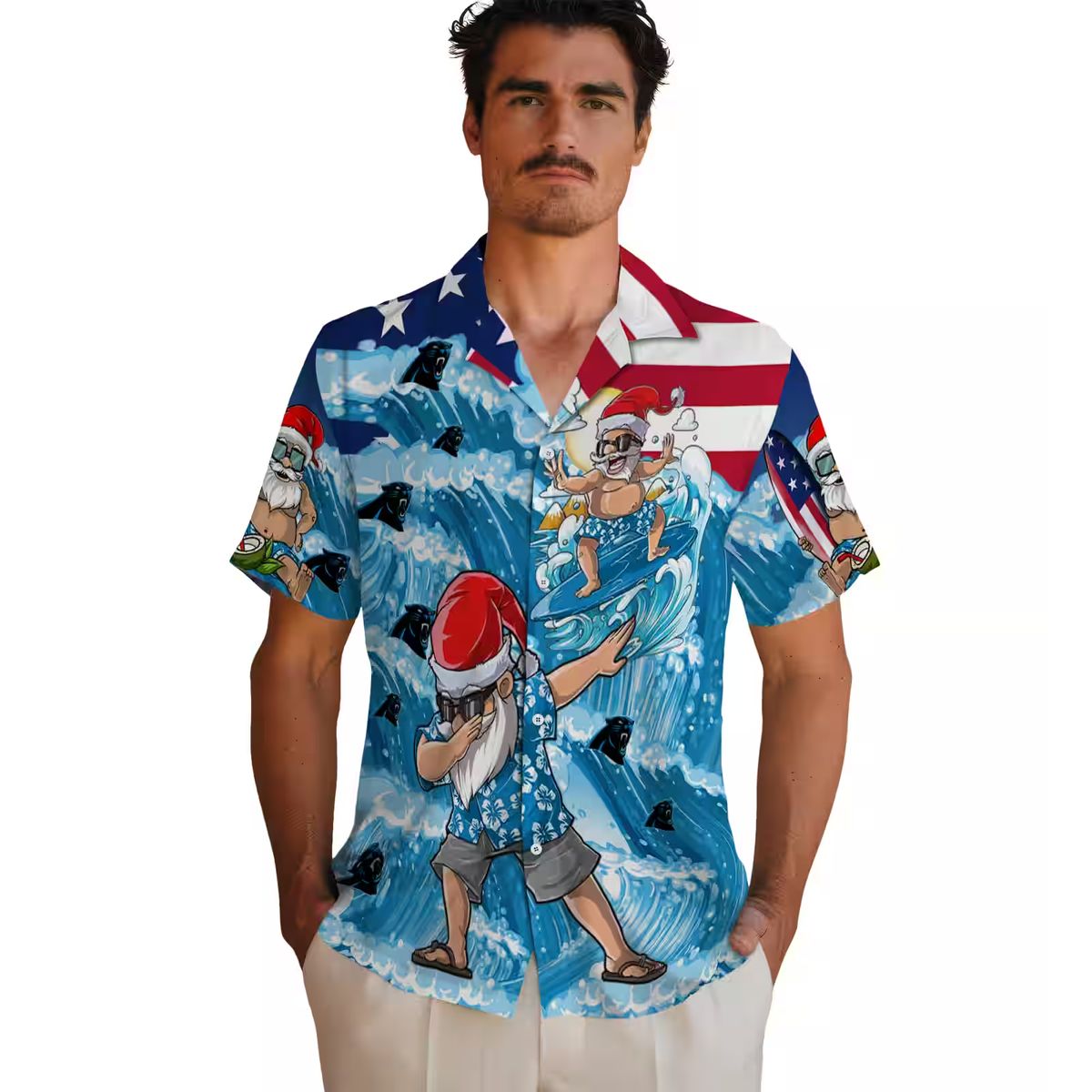 NFL Carolina Panthers Holiday Hawaiian Shirt – Surfing Santa Blue Aloha Shirt