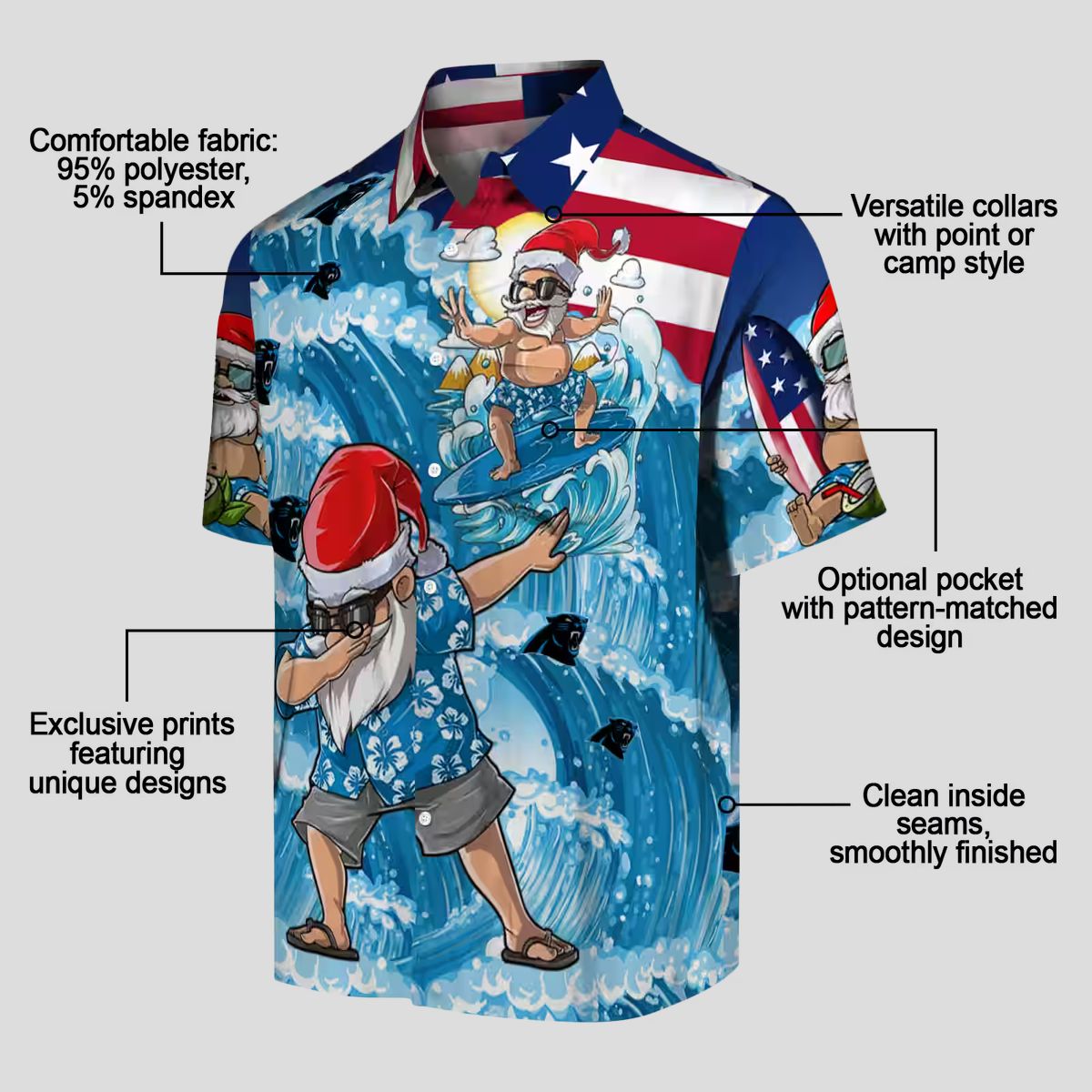 NFL Carolina Panthers Holiday Hawaiian Shirt – Surfing Santa Blue Aloha Shirt
