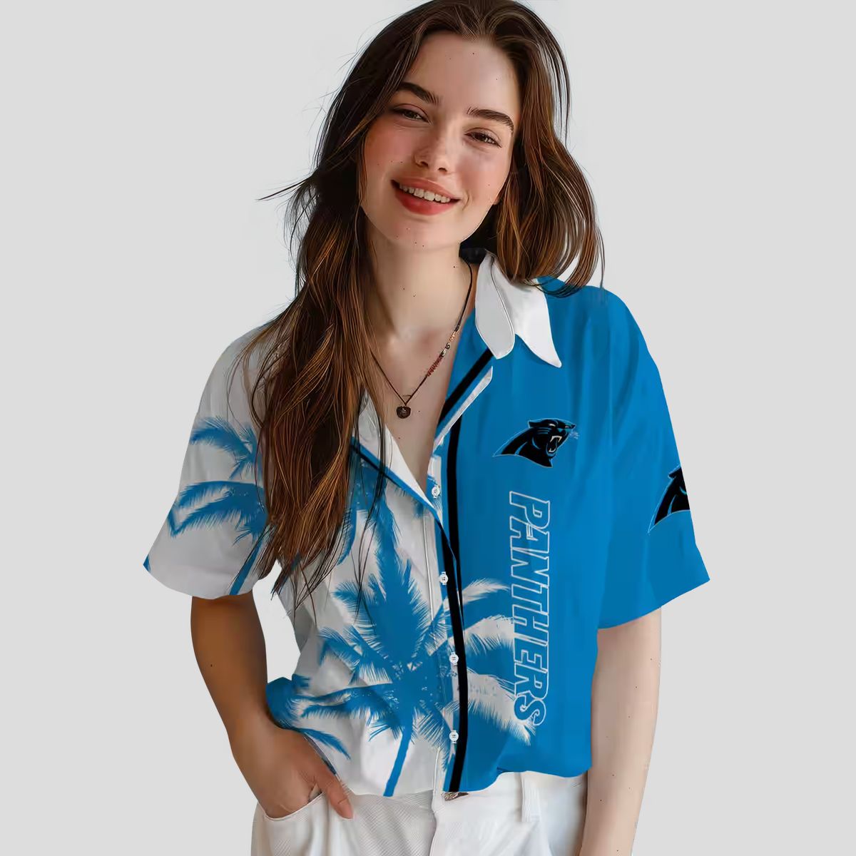 NFL Carolina Panthers Palm Trees Aloha Shirt – Blue & White Tropical Beachwear