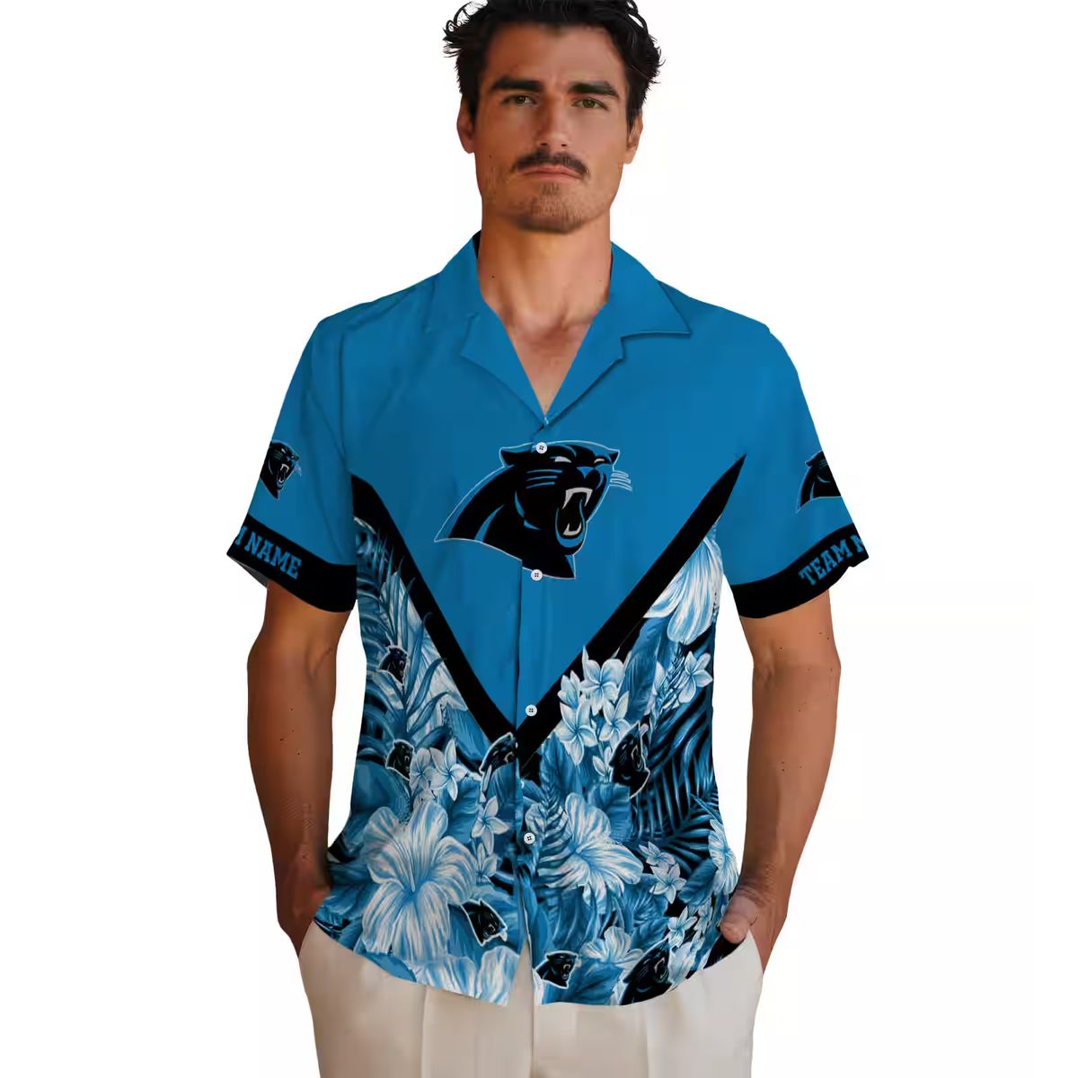 NFL Fans Carolina Panthers Floral Hawaiian Shirt - Custom Chevron Blue Button Up
