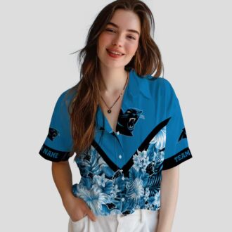 NFL Fans Carolina Panthers Floral Hawaiian Shirt - Custom Chevron Blue Button Up