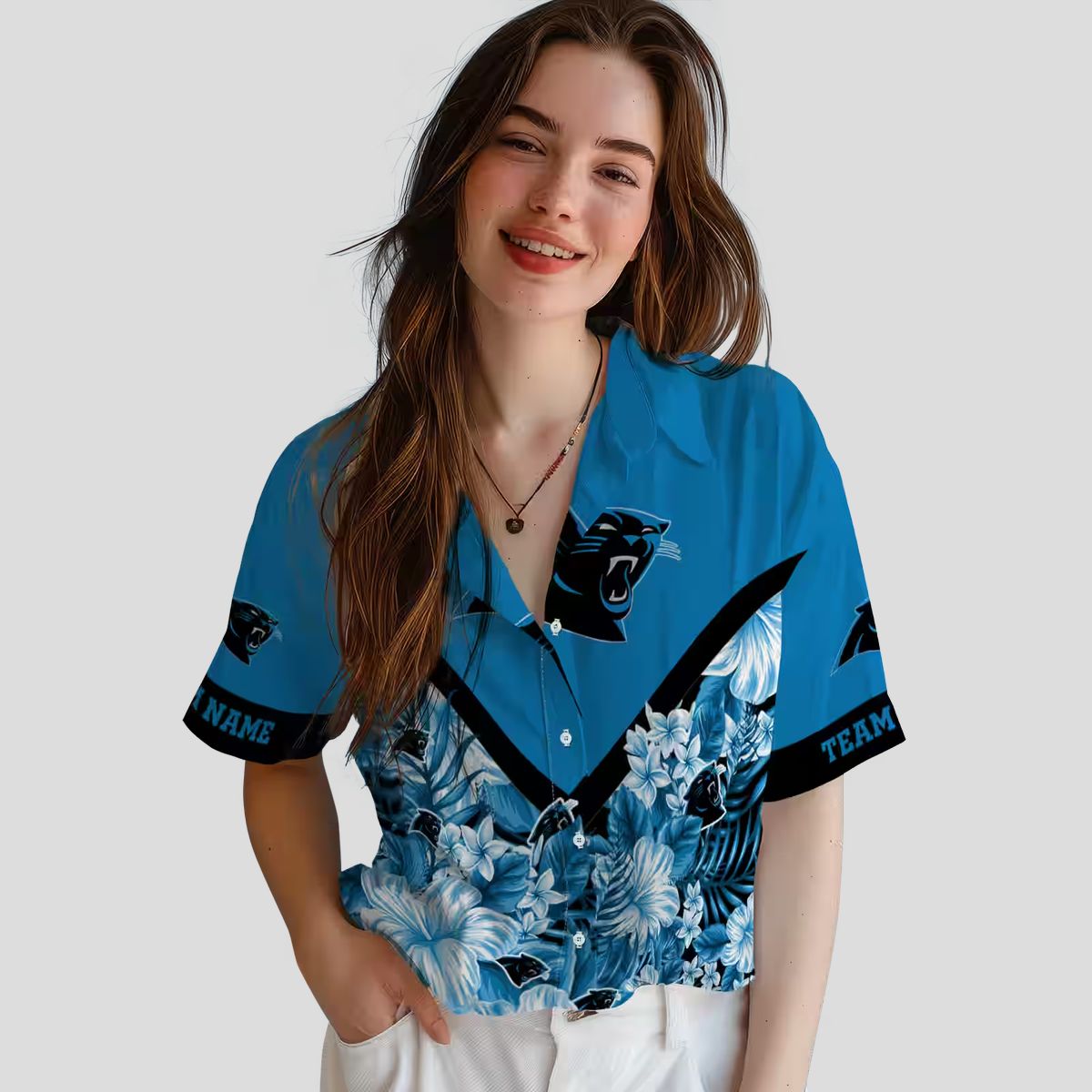 NFL Fans Carolina Panthers Floral Hawaiian Shirt - Custom Chevron Blue Button Up