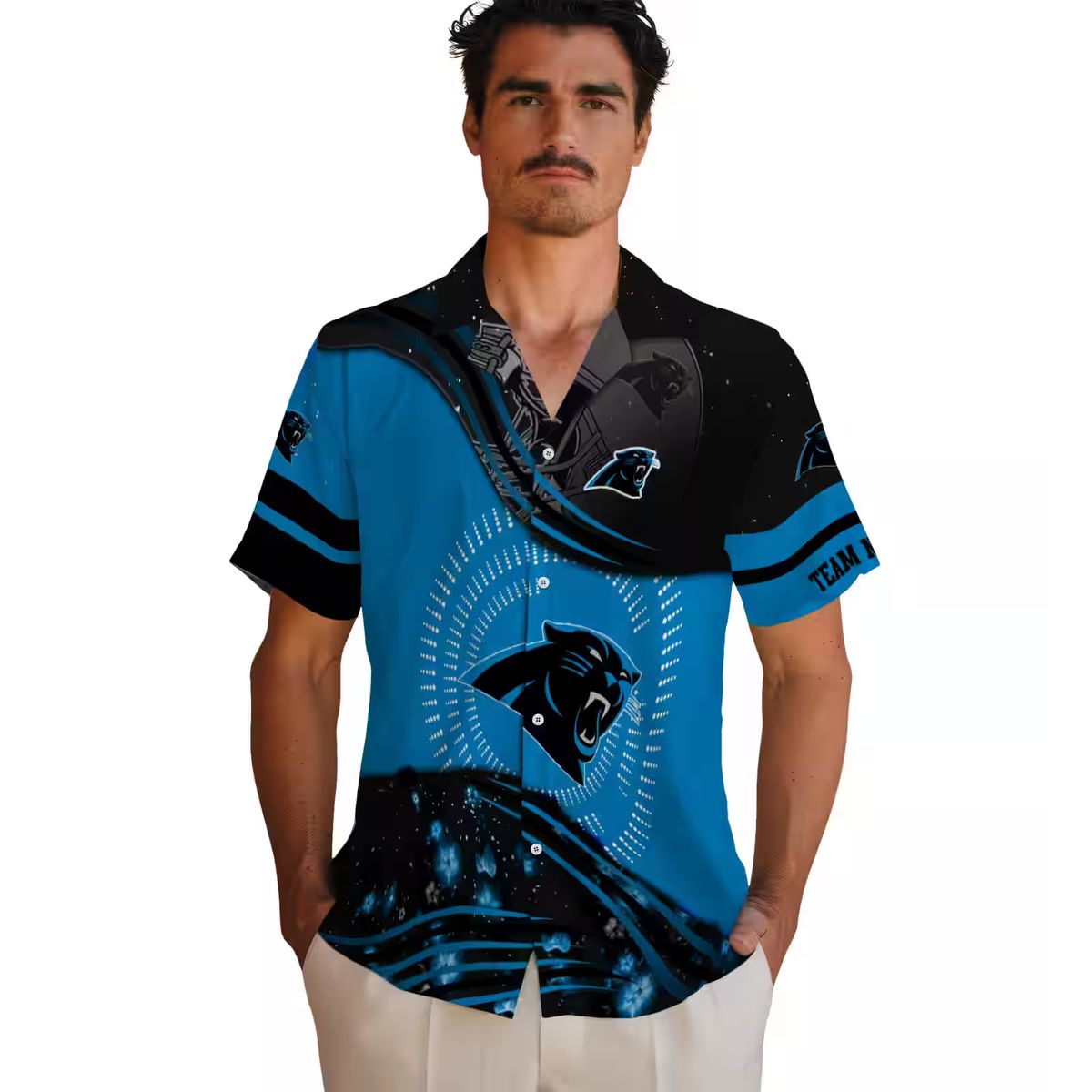 NFL Fans Carolina Panthers Hawaiian Button Up Shirt – Blue Black Football Wave Aloha Shirt