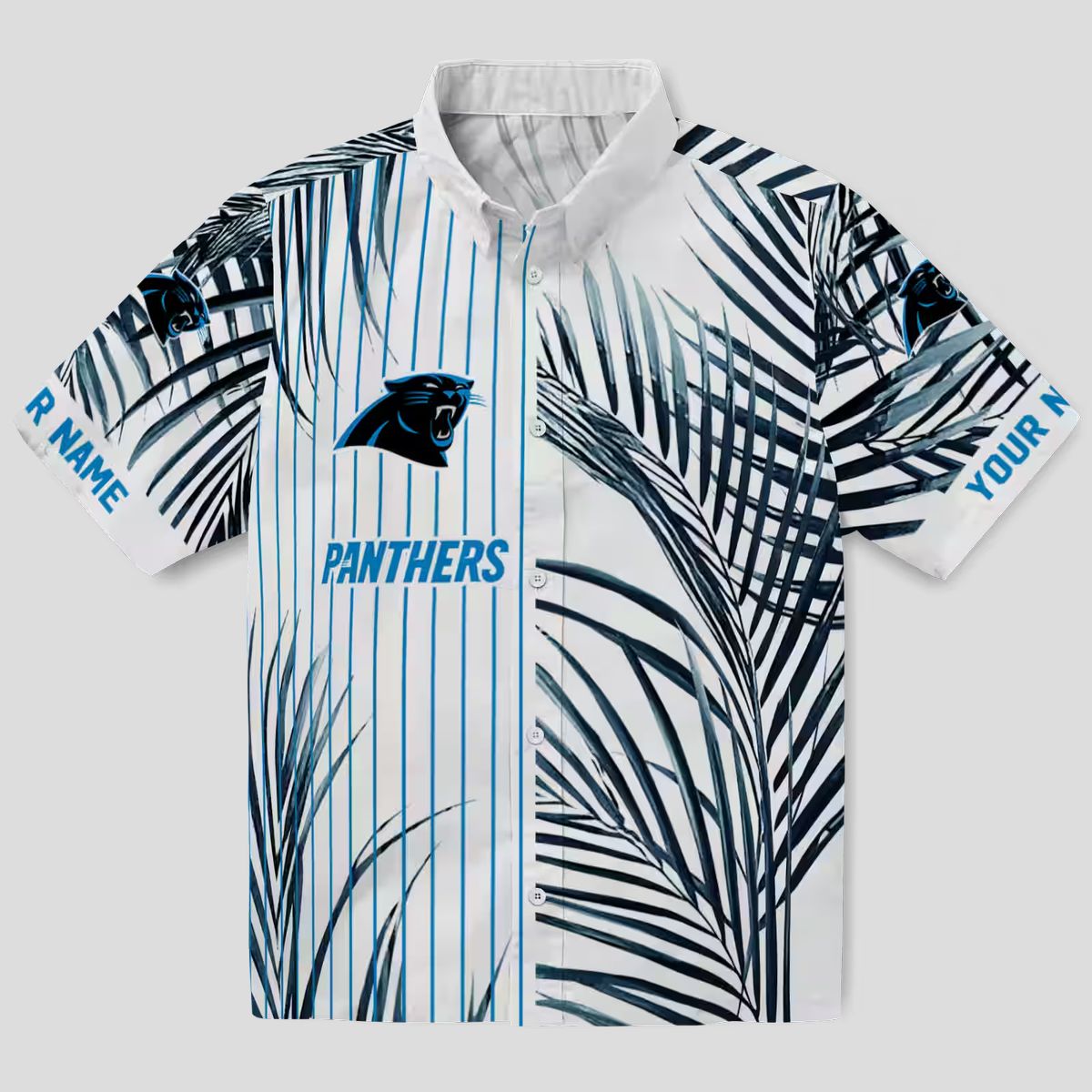 Tropical Carolina Panthers Hawaiian Shirt – Blue Black Palm Stripes Short Sleeve Shirt