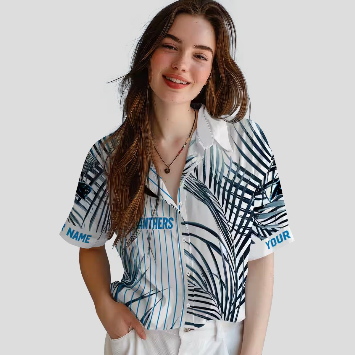 Tropical Carolina Panthers Hawaiian Shirt – Blue Black Palm Stripes Short Sleeve Shirt