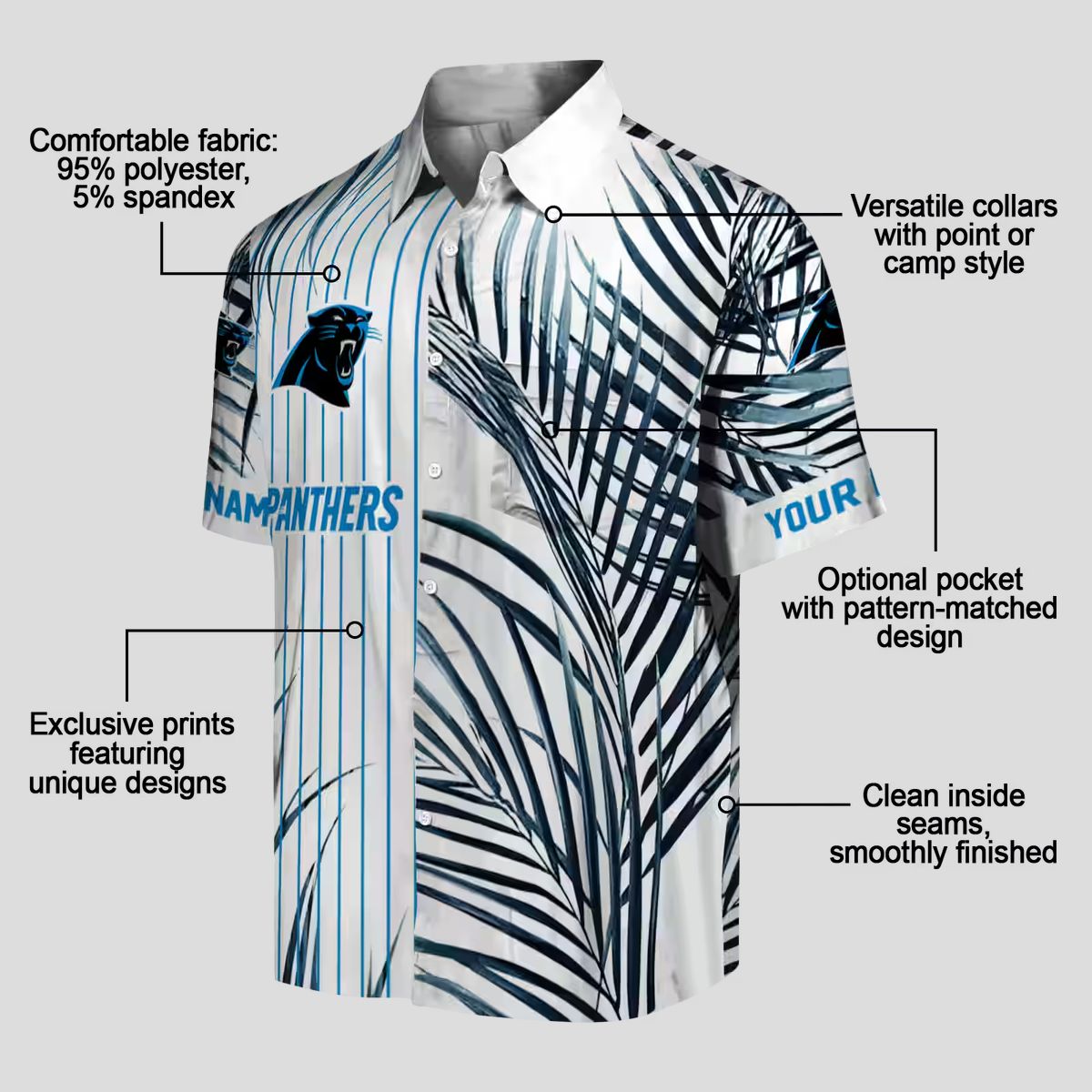 Tropical Carolina Panthers Hawaiian Shirt – Blue Black Palm Stripes Short Sleeve Shirt