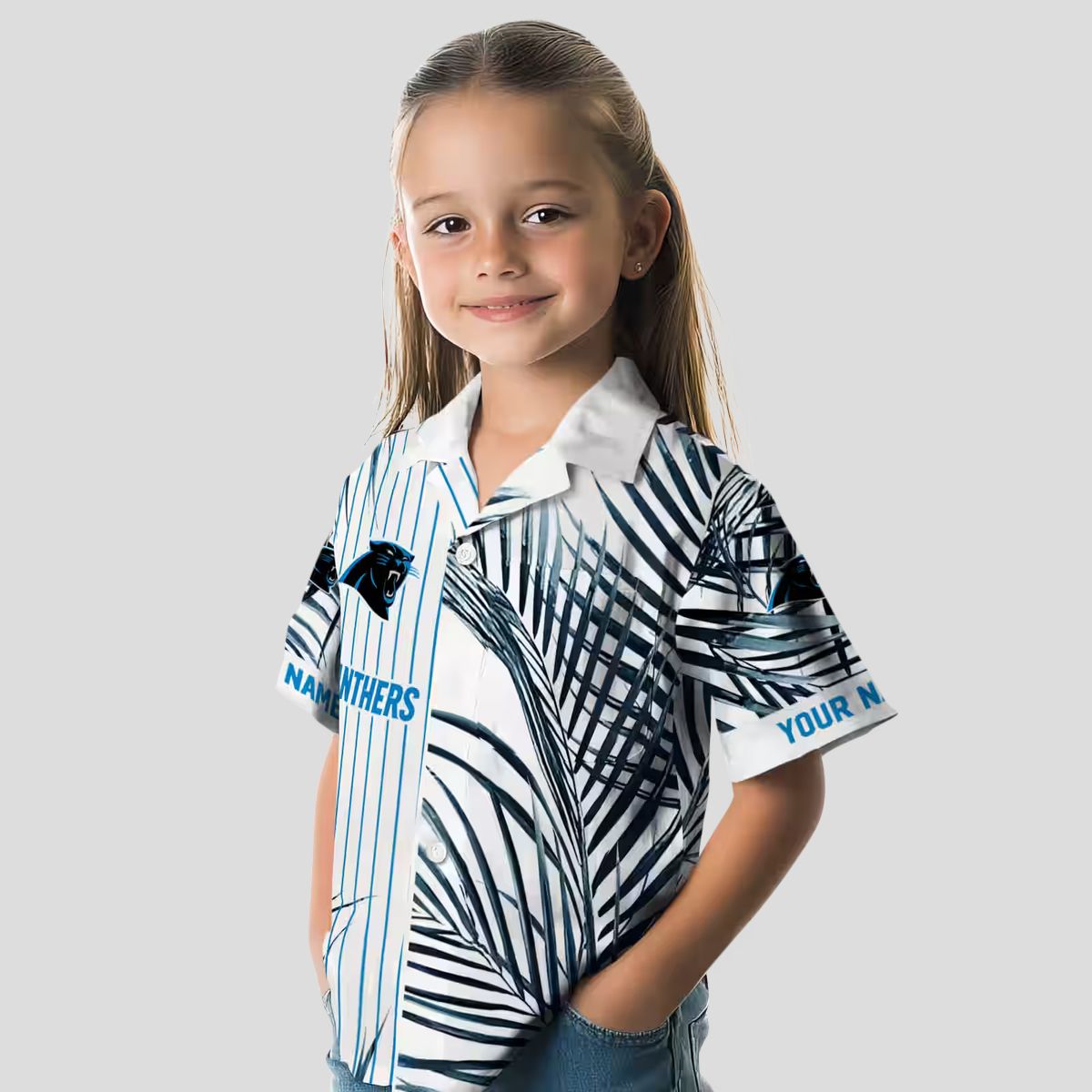 Tropical Carolina Panthers Hawaiian Shirt – Blue Black Palm Stripes Short Sleeve Shirt