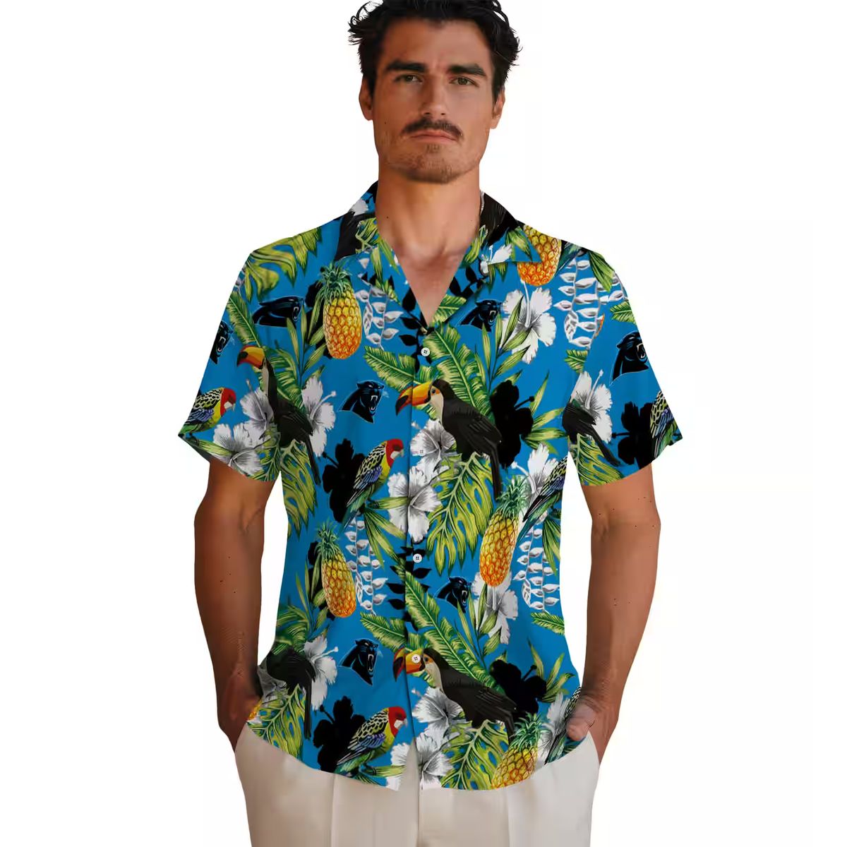 Tropical Toucan Carolina Panthers Hawaiian Shirt - Blue Green Aloha Beach Vacation Shirt