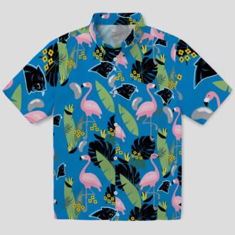 Women's Carolina Panthers Hawaiian Shirt – Blue Flamingo and Leaves Aloha Shirt