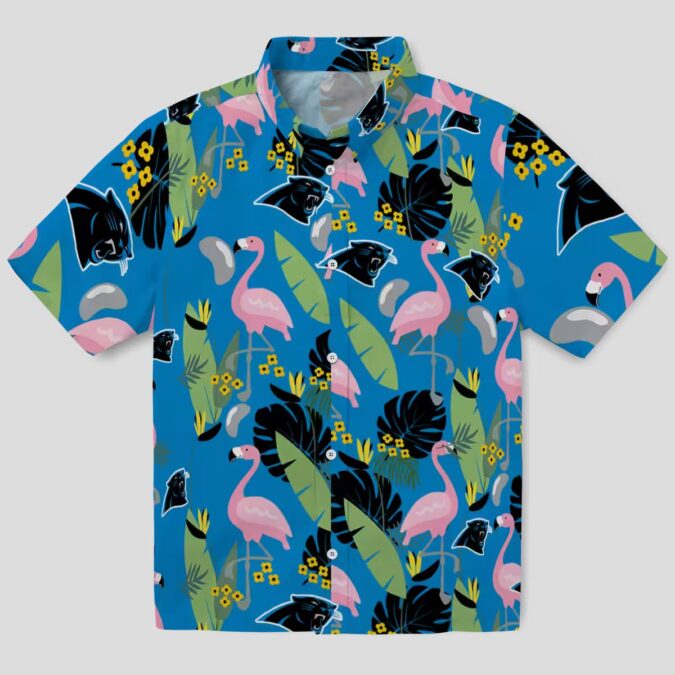 Women's Carolina Panthers Hawaiian Shirt – Blue Flamingo and Leaves Aloha Shirt